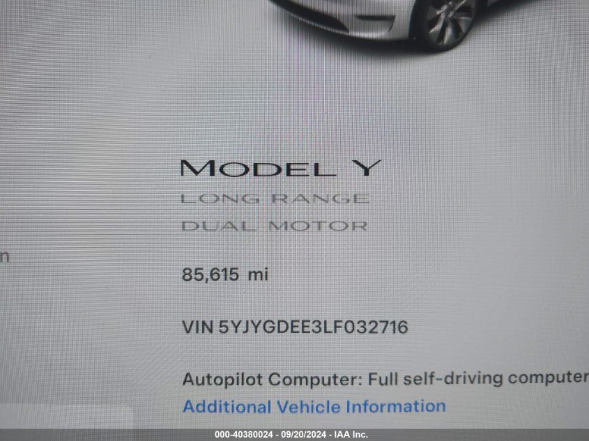 2020 TESLA MODEL Y LONG RANGE DUAL MOTOR ALL-WHEEL DRIVE - 5YJYGDEE3LF032716