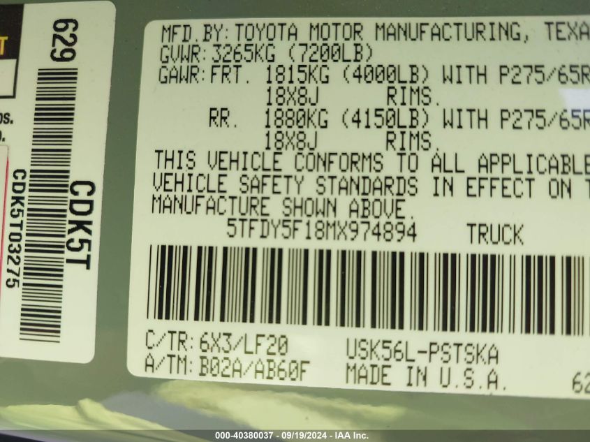 2021 Toyota Tundra Trd Pro VIN: 5TFDY5F18MX974894 Lot: 40380037