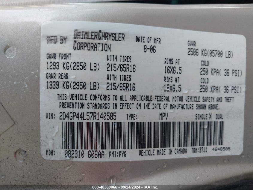 2D4GP44L57R140585 2007 Dodge Grand Caravan Sxt