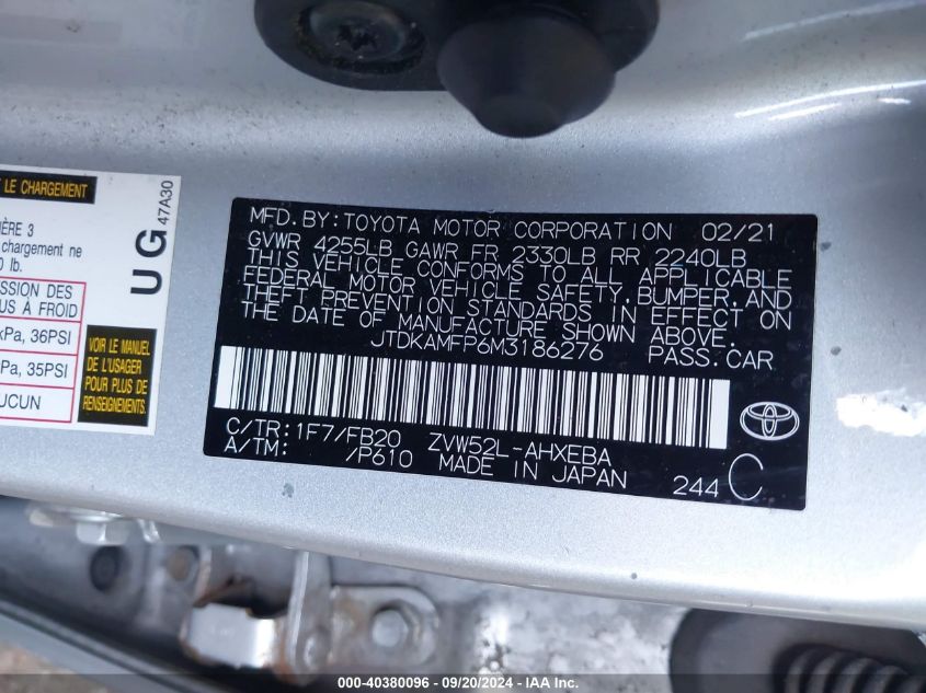 2021 TOYOTA PRIUS PRIME LE - JTDKAMFP6M3186276