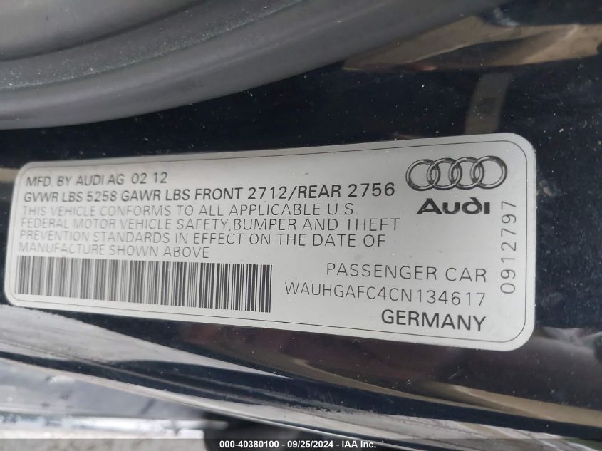 2012 Audi A6 3.0 Premium VIN: WAUHGAFC4CN134617 Lot: 40380100