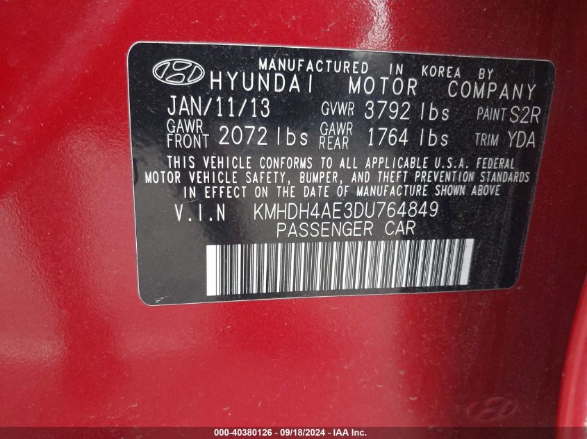 2013 Hyundai Elantra Limited VIN: KMHDH4AE3DU764849 Lot: 40380126