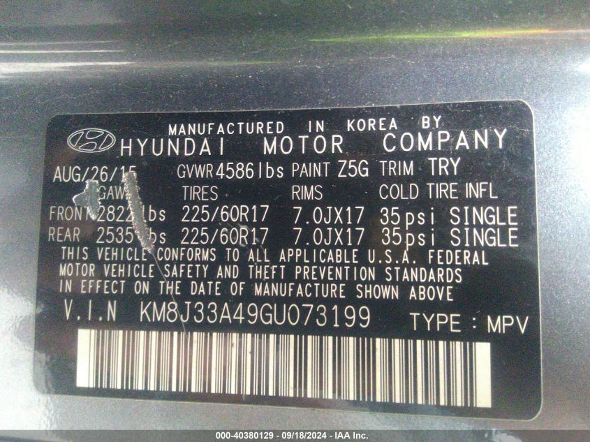 KM8J33A49GU073199 2016 Hyundai Tucson Limited/Sport And Eco/Se