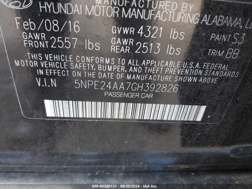 5NPE24AA7GH392826 2016 Hyundai Sonata Eco