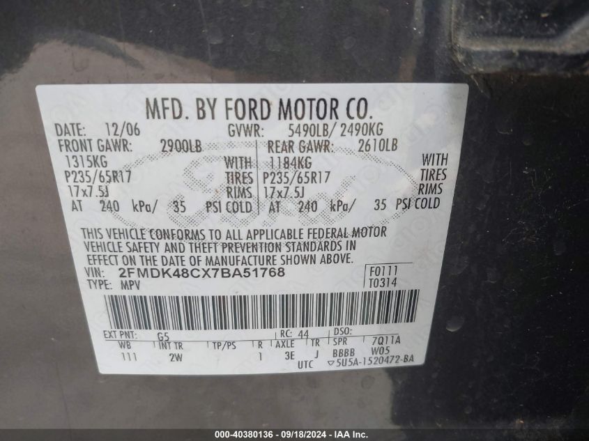 2007 Ford Edge Sel VIN: 2FMDK48CX7BA51768 Lot: 40380136