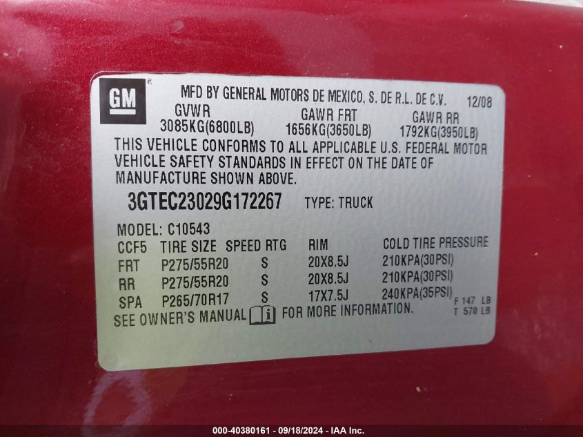 2009 GMC Sierra 1500 Sle VIN: 3GTEC23029G172267 Lot: 40380161