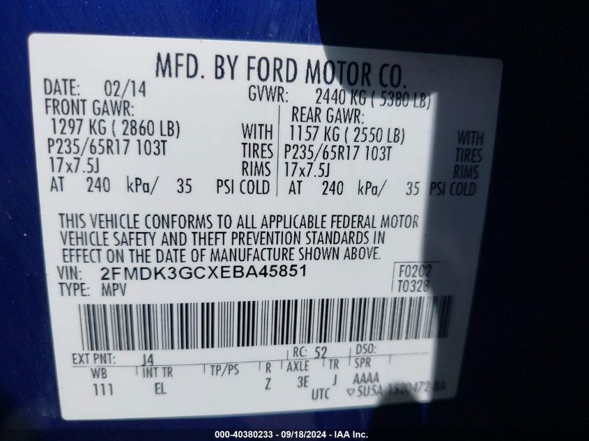 2014 Ford Edge Se VIN: 2FMDK3GCXEBA45851 Lot: 40380233