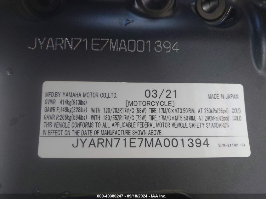 2021 Yamaha Mt09 VIN: JYARN71E7MA001394 Lot: 40380247