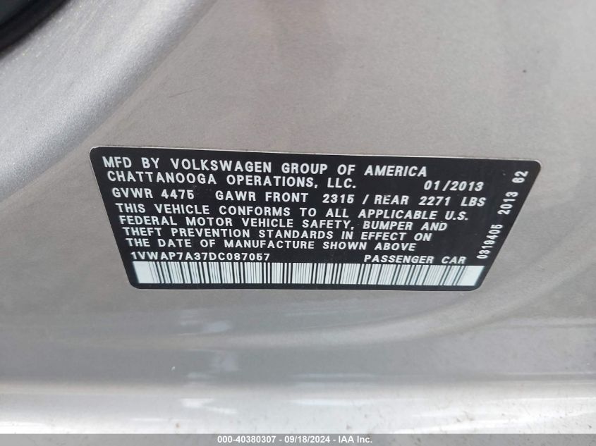 1VWAP7A37DC087057 2013 Volkswagen Passat 2.5L S