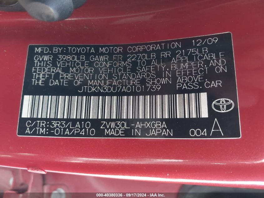 2010 Toyota Prius V VIN: JTDKN3DU7A0101739 Lot: 40380336