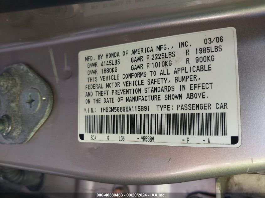 1HGCM56896A115891 2006 Honda Accord 2.4 Ex