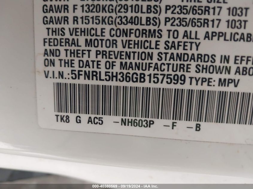 5FNRL5H36GB157599 2016 Honda Odyssey Se