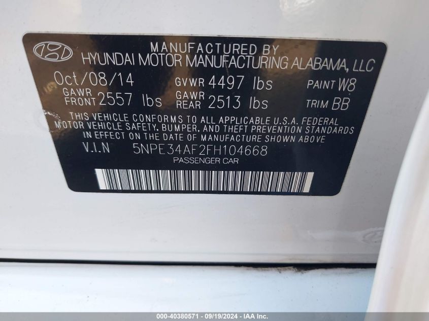 5NPE34AF2FH104668 2015 Hyundai Sonata Limited