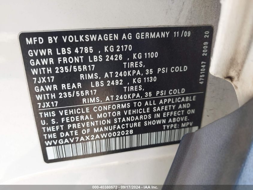 2010 Volkswagen Tiguan S VIN: WVGAV7AX2AW002028 Lot: 40380572