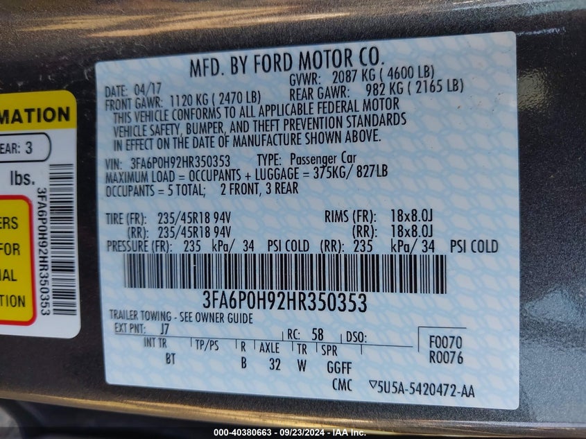 VIN 3FA6P0H92HR350353 2017 FORD FUSION SE