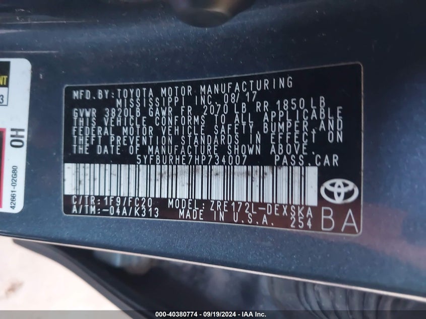 2017 TOYOTA COROLLA VIN: 5YFBURHE7HP734007