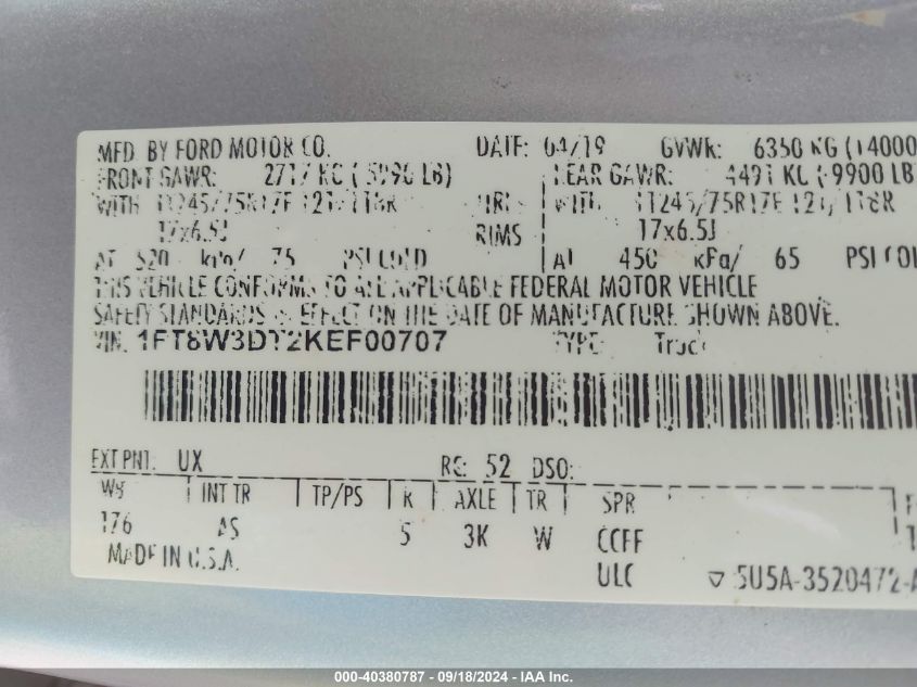 2019 Ford F350 Super Duty VIN: 1FT8W3DT2KEF00707 Lot: 40380787