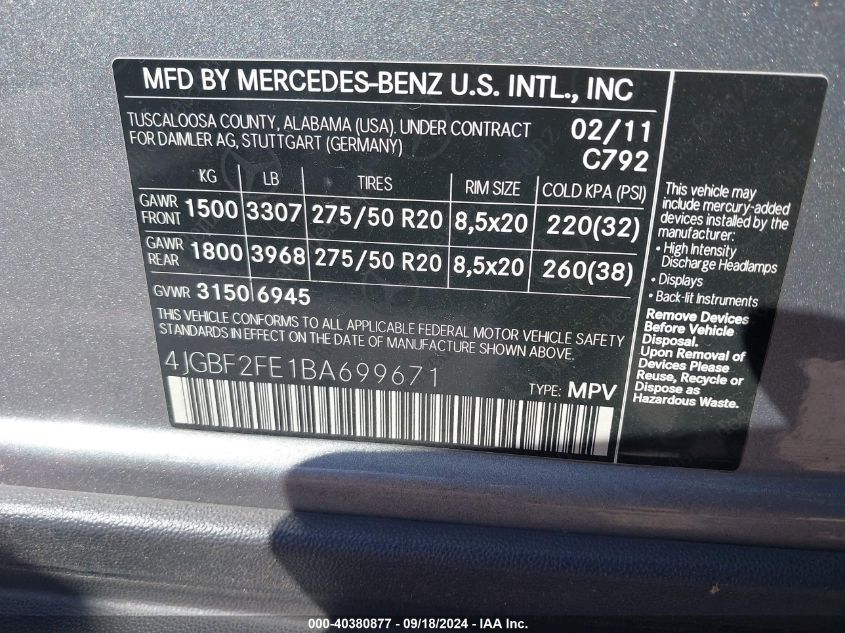 4JGBF2FE1BA699671 2011 Mercedes-Benz Gl 350 Bluetec 4Matic