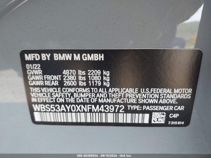 WBS53AY0XNFM43972 2022 BMW M3 Sedan