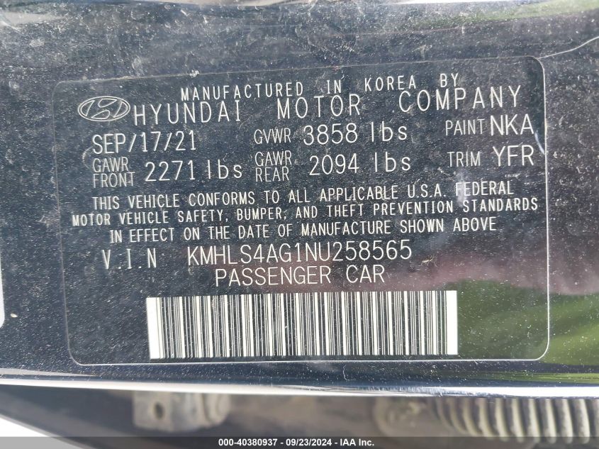 KMHLS4AG1NU258565 2022 Hyundai Elantra Sel