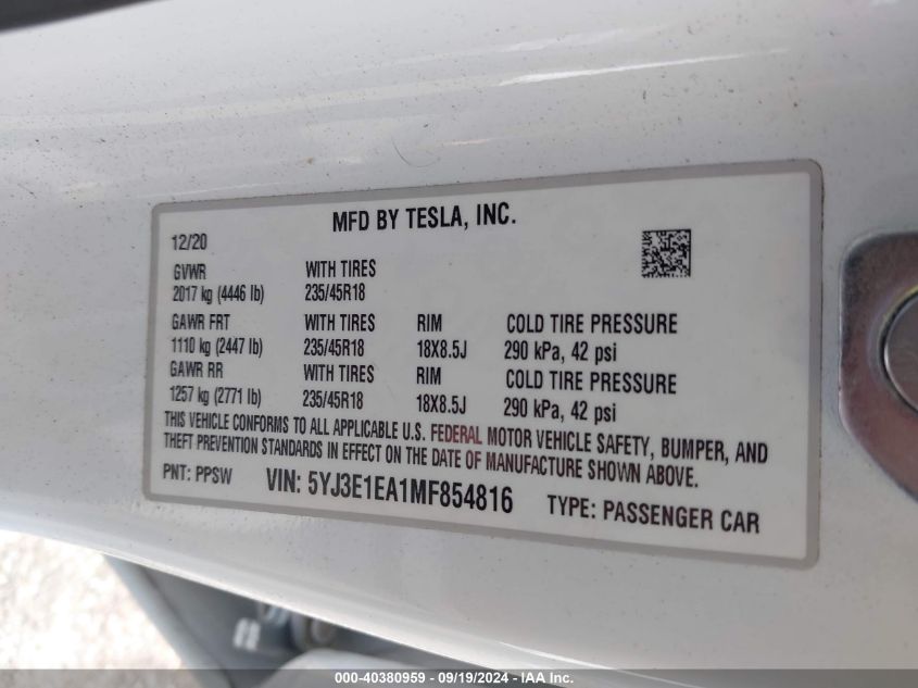 2021 Tesla Model 3 Standard Range Plus Rear-Wheel Drive VIN: 5YJ3E1EA1MF854816 Lot: 40380959