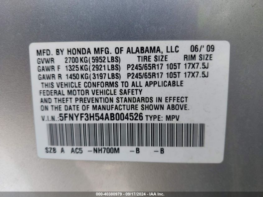 2010 Honda Pilot Ex-L VIN: 5FNYF3H54AB004526 Lot: 40380979