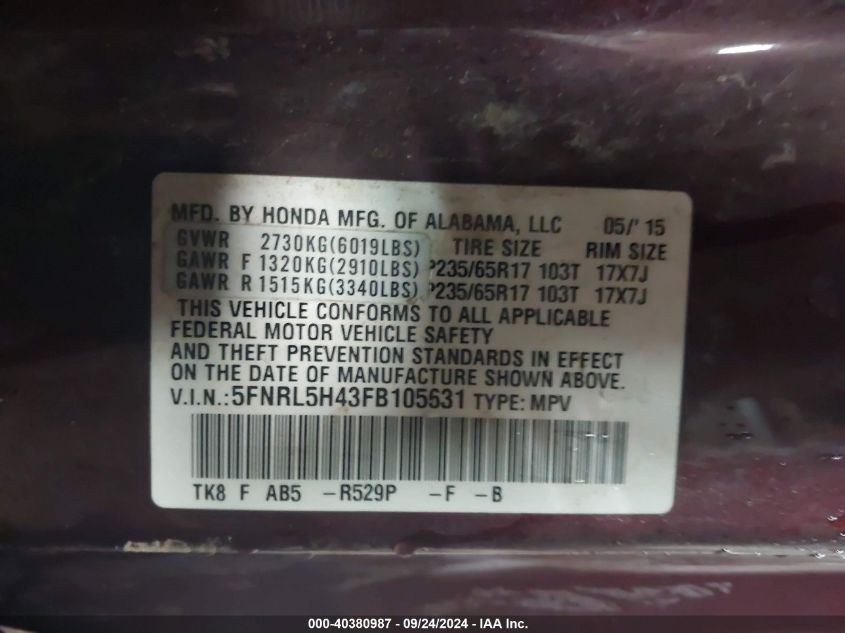 5FNRL5H43FB105631 2015 Honda Odyssey Ex