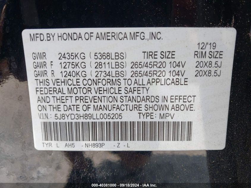 2020 Acura Mdx Advance Package VIN: 5J8YD3H89LL005205 Lot: 40381000