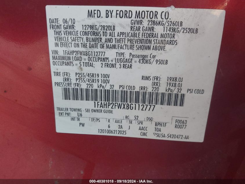 1FAHP2FWXBG112777 2011 Ford Taurus Limited