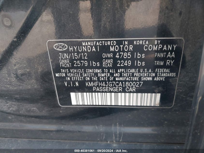 2012 Hyundai Azera VIN: KMHFH4JG7CA180027 Lot: 40381061