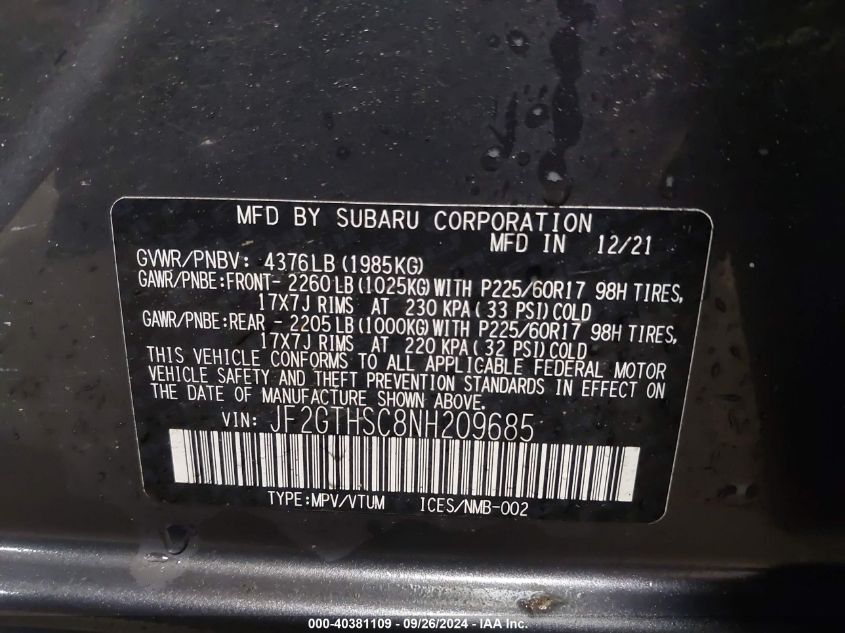 JF2GTHSC8NH209685 2022 Subaru Crosstrek Sport