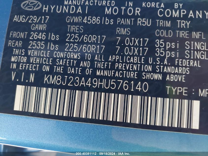 KM8J23A49HU576140 2017 Hyundai Tucson Se