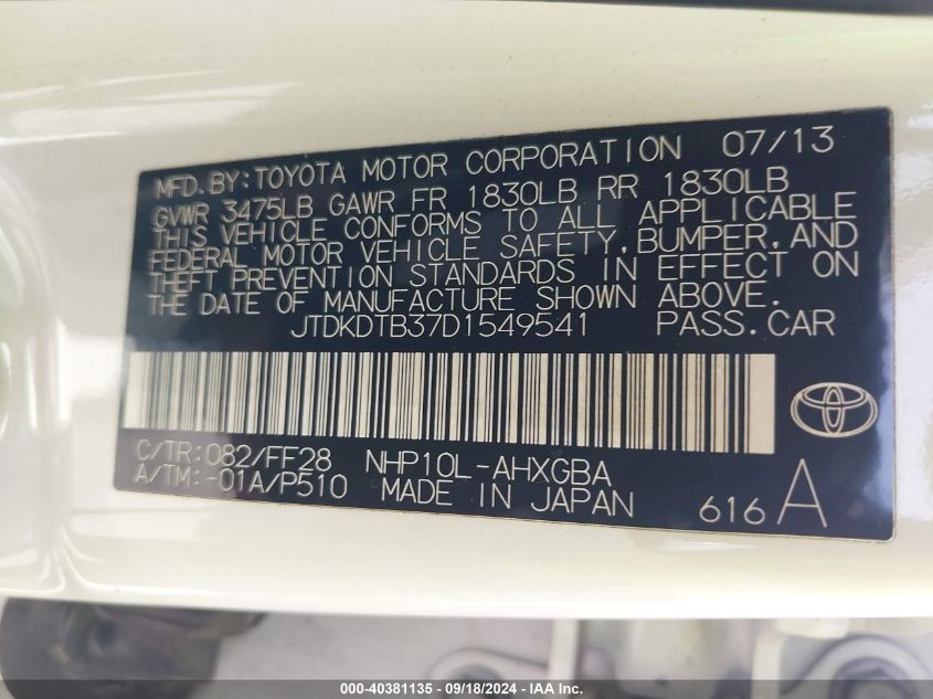 JTDKDTB37D1549541 2013 Toyota Prius C Three