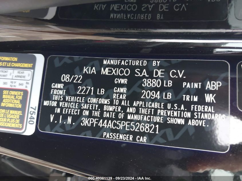 2023 Kia Forte Gt Manual VIN: 3KPF44AC5PE526821 Lot: 40381139