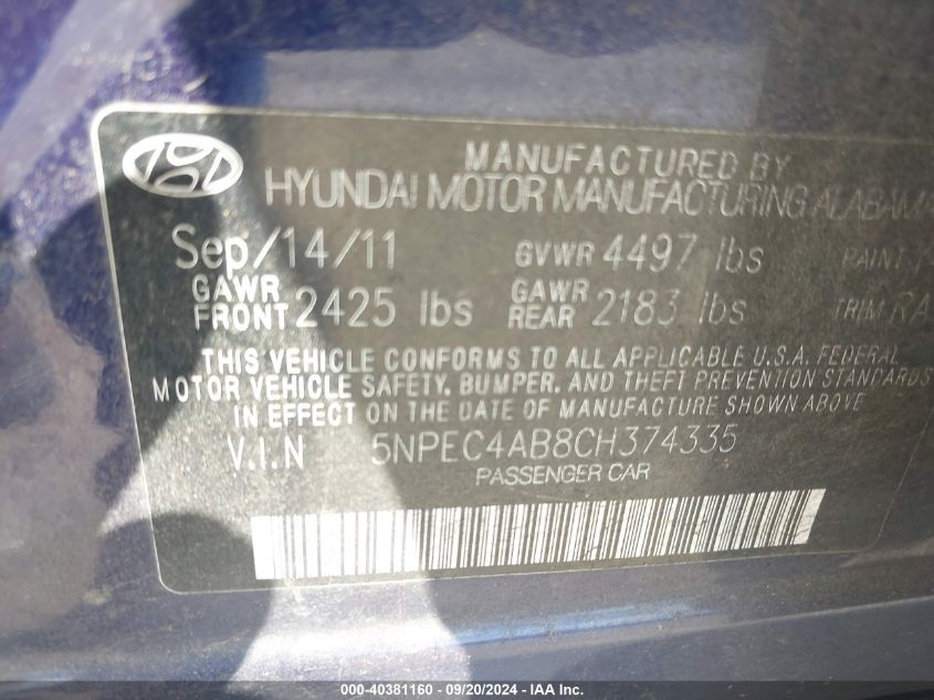 5NPEC4AB8CH374335 2012 Hyundai Sonata Se 2.0T