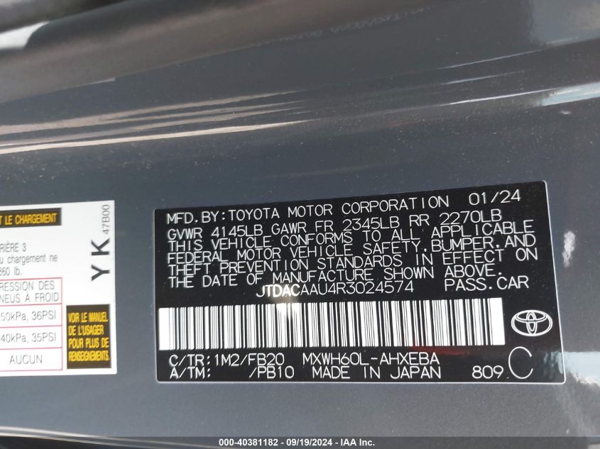 2024 Toyota Prius Le VIN: JTDACAAU4R3024574 Lot: 40381182