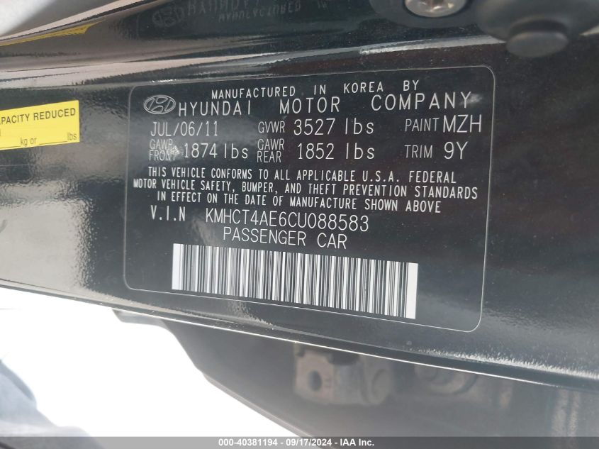 2012 Hyundai Accent Gls VIN: KMHCT4AE6CU088583 Lot: 40381194