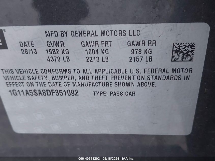 1G11A5SA8DF351092 2013 Chevrolet Malibu 1Fl