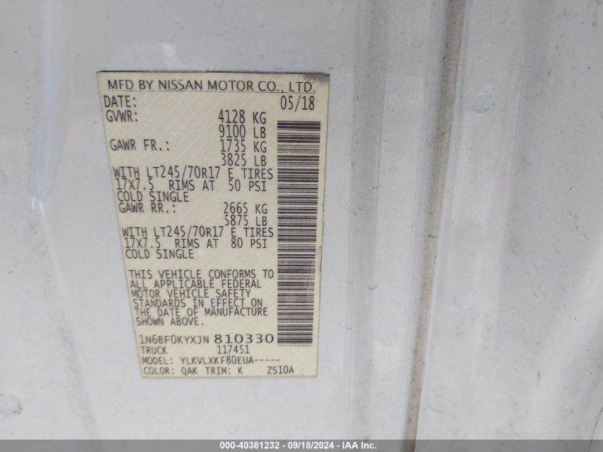 2018 NISSAN NV CARGO NV2500 HD SV V6 - 1N6BF0KYXJN810330