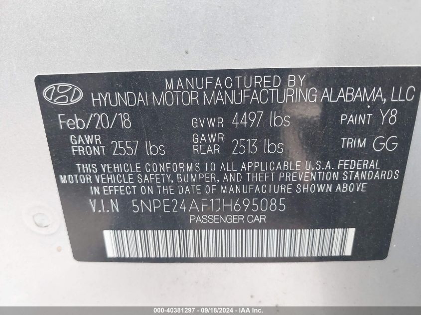 2018 Hyundai Sonata Se VIN: 5NPE24AF1JH695085 Lot: 40381297