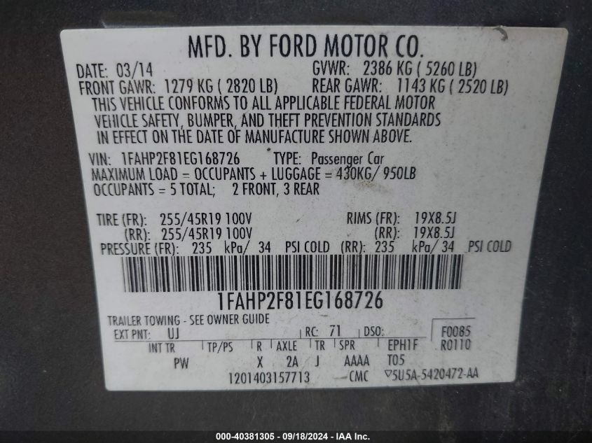 2014 Ford Taurus Limited VIN: 1FAHP2F81EG168726 Lot: 40381305