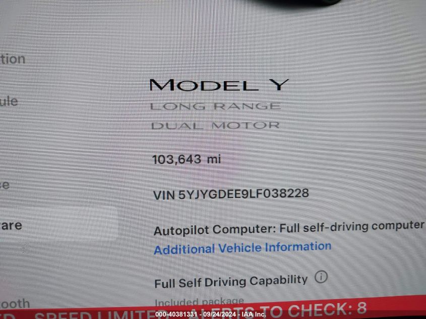 2020 Tesla Model Y Long Range Dual Motor All-Wheel Drive VIN: 5YJYGDEE9LF038228 Lot: 40381331