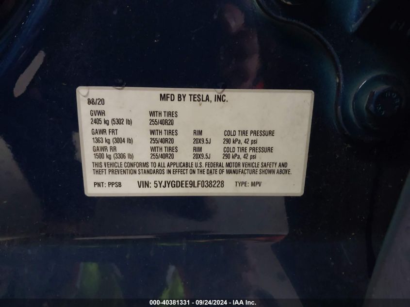 2020 Tesla Model Y Long Range Dual Motor All-Wheel Drive VIN: 5YJYGDEE9LF038228 Lot: 40381331