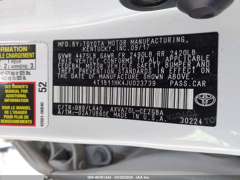 4T1B11HK4JU023739 2018 Toyota Camry Xle