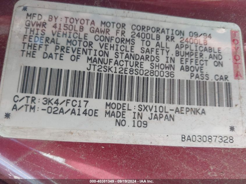 JT2SK12E8S0280036 1995 Toyota Camry Le