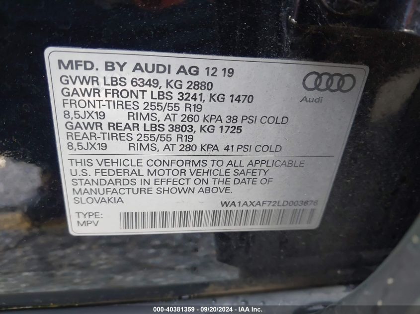 WA1AXAF72LD003676 2020 Audi Q7 Premium 55 Tfsi Quattro Tiptronic