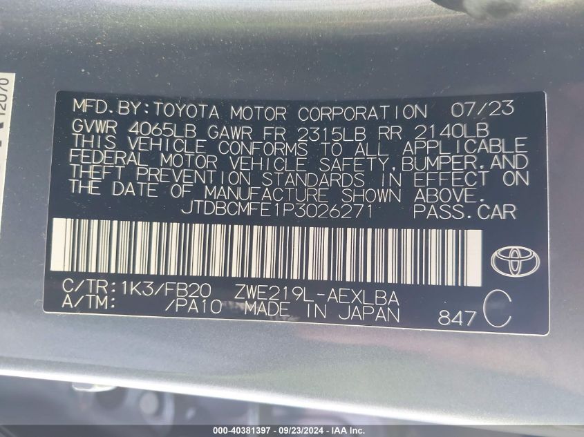 2023 TOYOTA COROLLA HYBRID LE - JTDBCMFE1P3026271