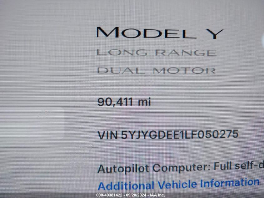 5YJYGDEE1LF050275 2020 Tesla Model Y