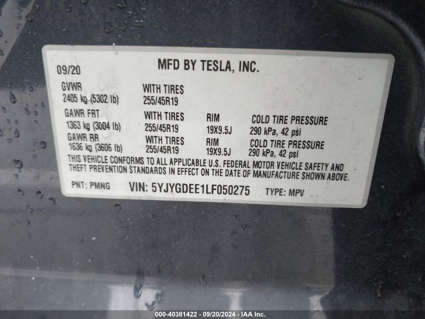 5YJYGDEE1LF050275 2020 Tesla Model Y