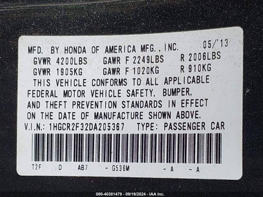 1HGCR2F32DA205367 2013 Honda Accord Lx